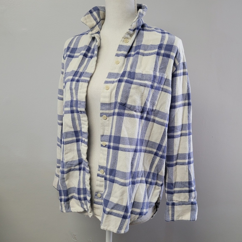 Madewell Oversized Flannel Shirt Blue White Plaid Cotton Button‎ Down Small